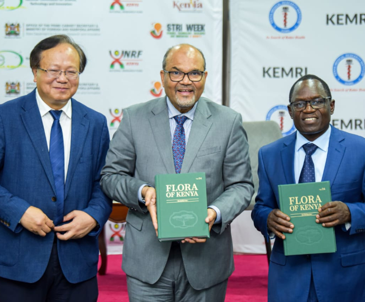 PS for Broadcasting and Telecommunications, Stephen Isaboke (right) and Prof Shaukat Abdulrazak (centre), the Principal Secretary for Science, Research, and Innovation at the Science, Technology, Research and Innovation for Society Week (STRI4Society) 2026