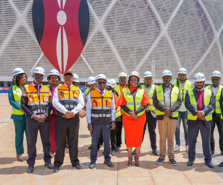 PS Stephen Isaboke, EBS and PS Elijah Mwangi during the inspection of the Raila Odinga International Stadium at the Talanta Sports Complex.